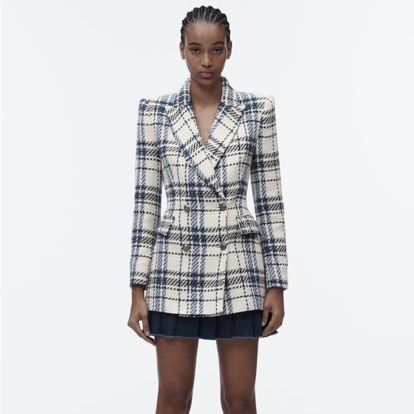 Zara Ecru & Blue Double Breasted Textured Weave Blazer Jacket - Picture 8 of 16
